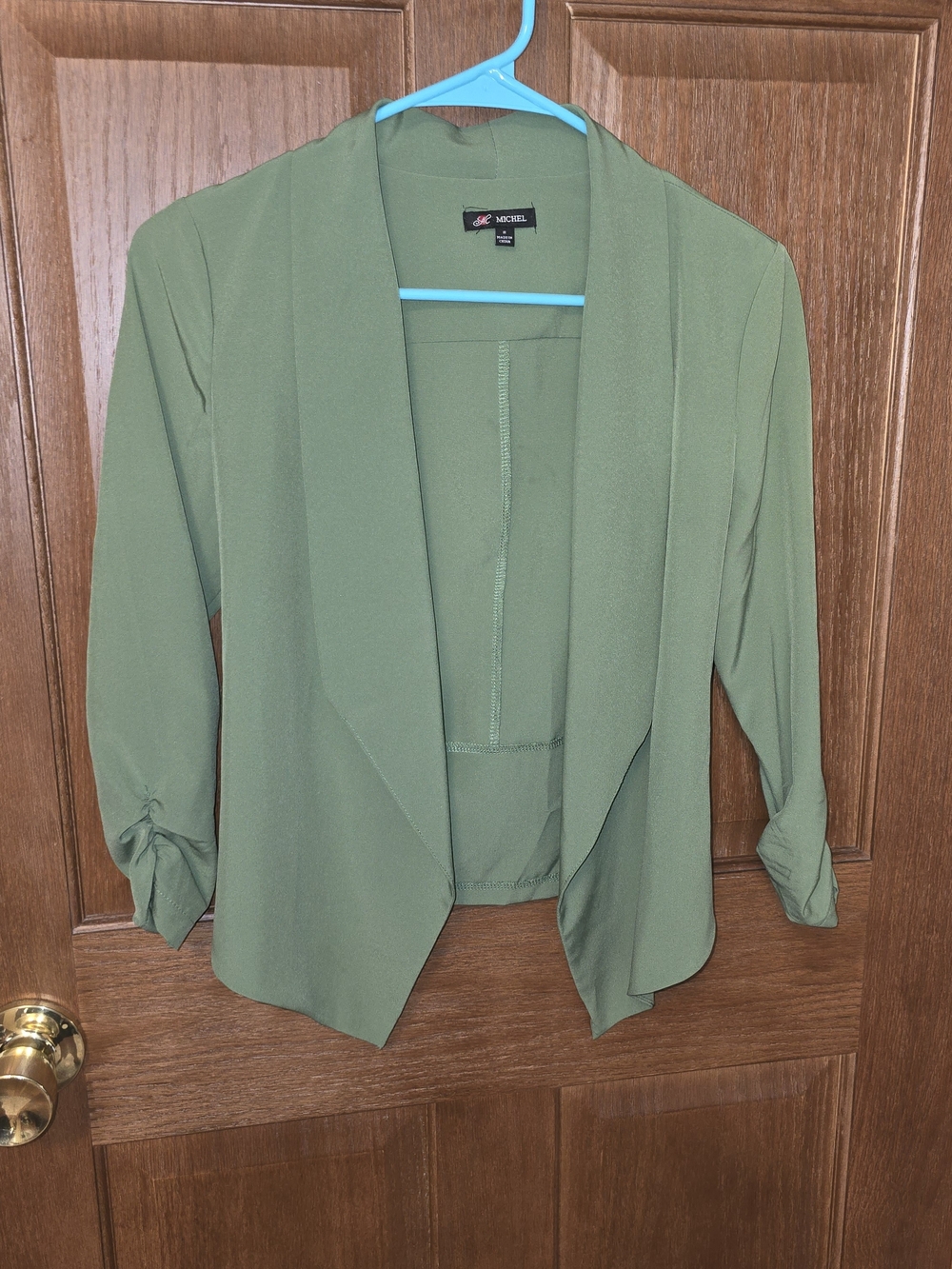 Michel Olive Green Open Front Blazer Small Ruched Sleeve Lightweight Jacket